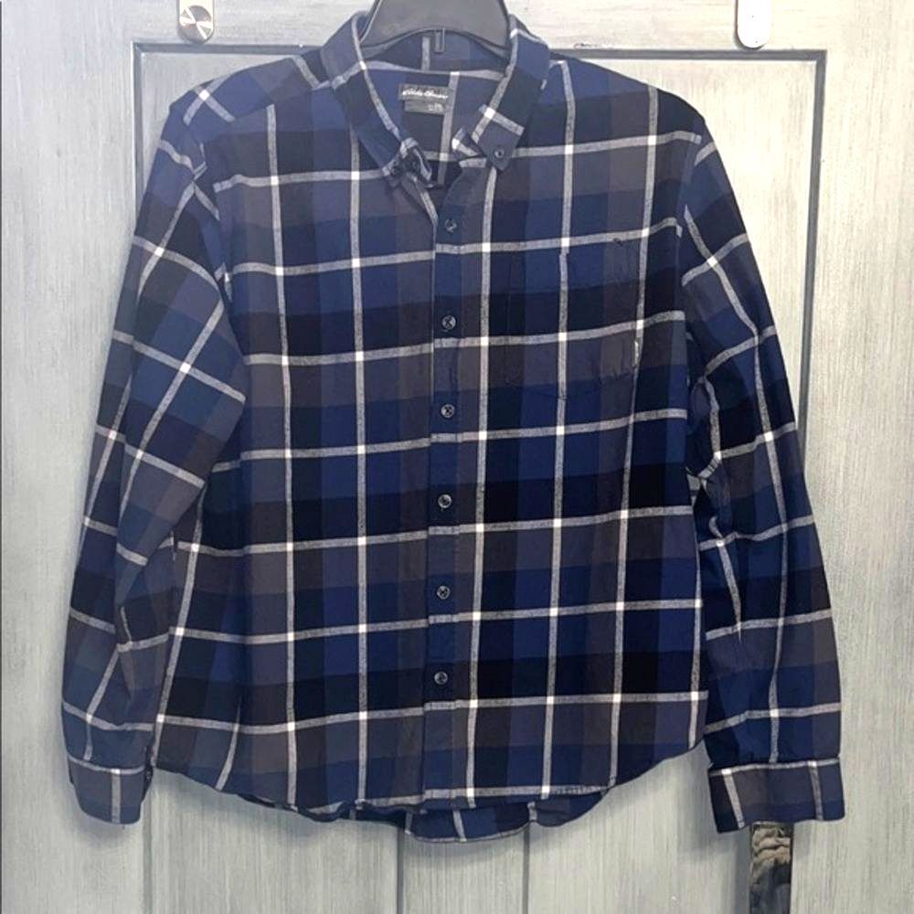 Eddie Bauer SZ 2XL Navy & Gray Button Down Flannel Soft Long Sleeve Shirt